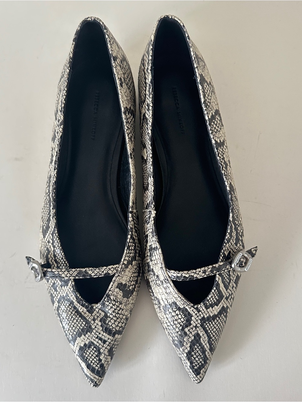 NEW Rebecca Minkoff Snake White Black Leather Pointed Toe Buckle Flats, Sz 7.5M